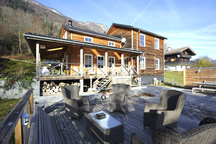 Exterior terrace of a wooden mountain house