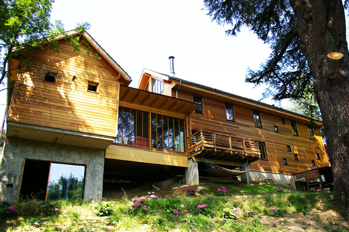 Wooden facade with many windows